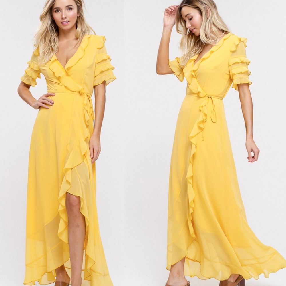 021 Boho Mustard yellow Ruffle Wrap Maxi Dress - Picture 4 of 4
